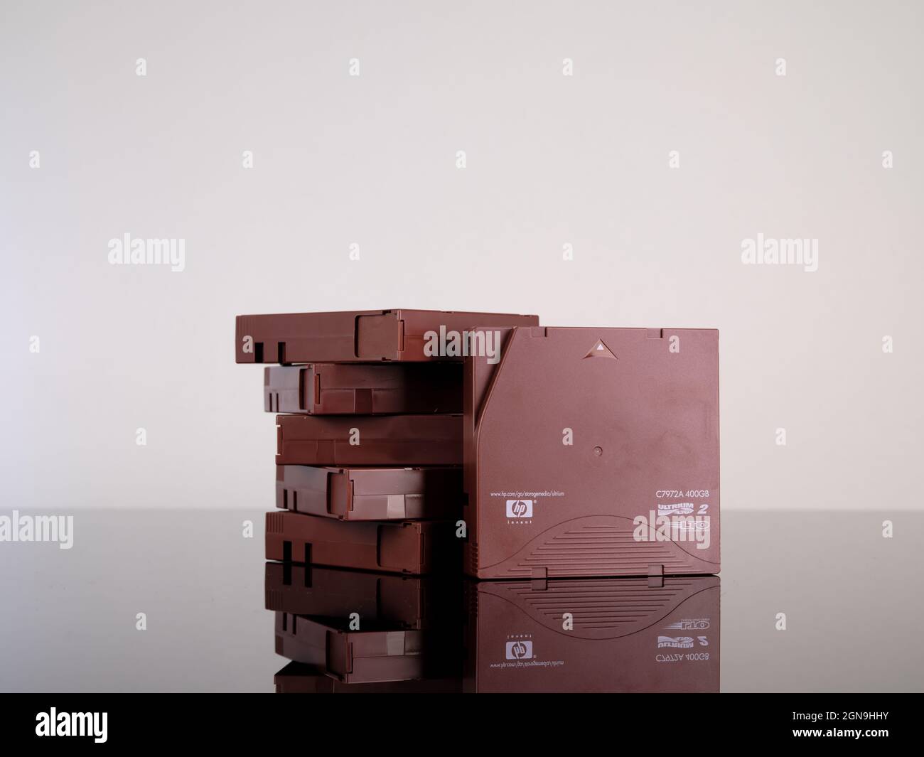 Stacks of LTO backup tape cartridges. LTO is used to backup