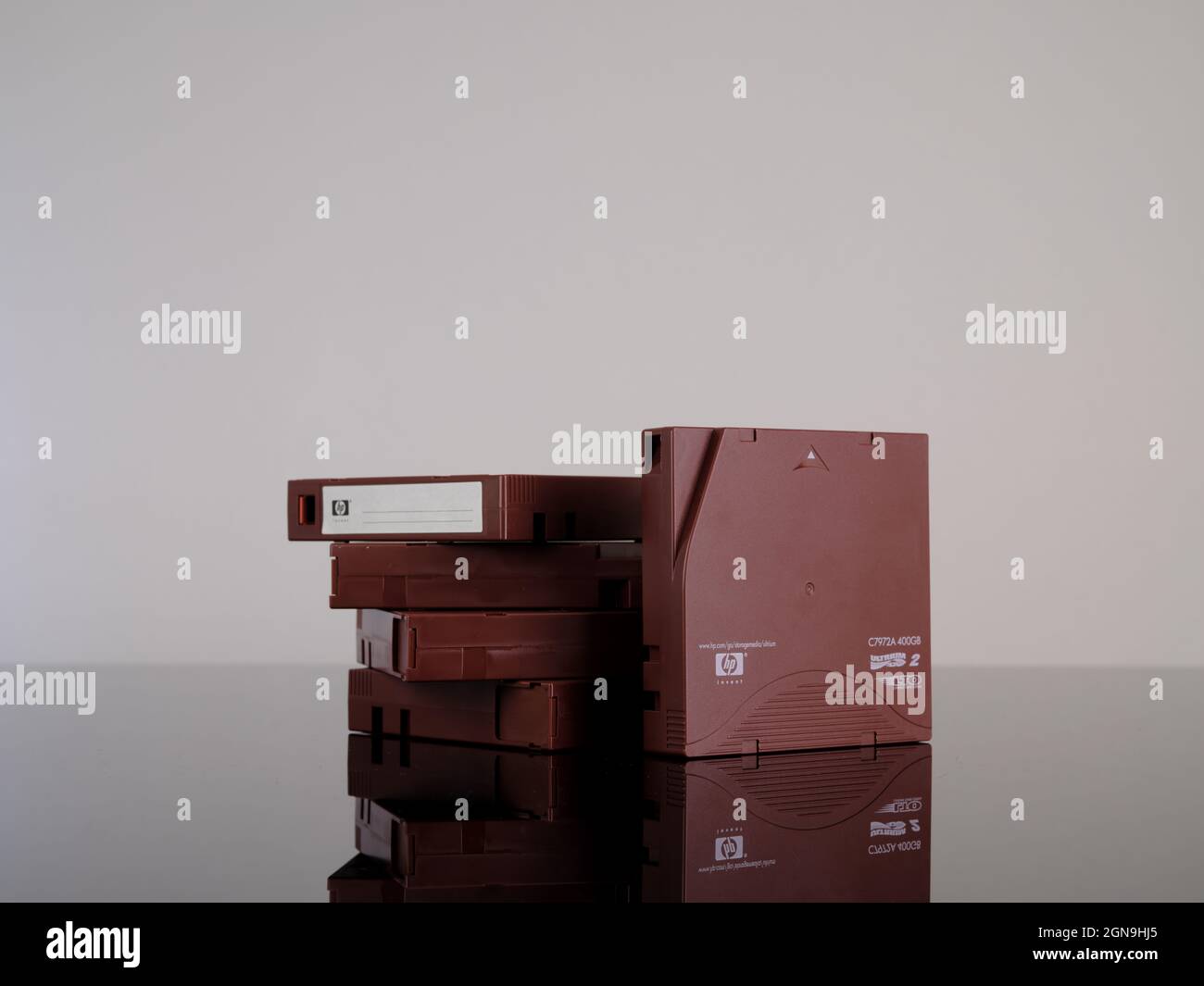 Stacks of LTO backup tape cartridges. LTO is used to backup