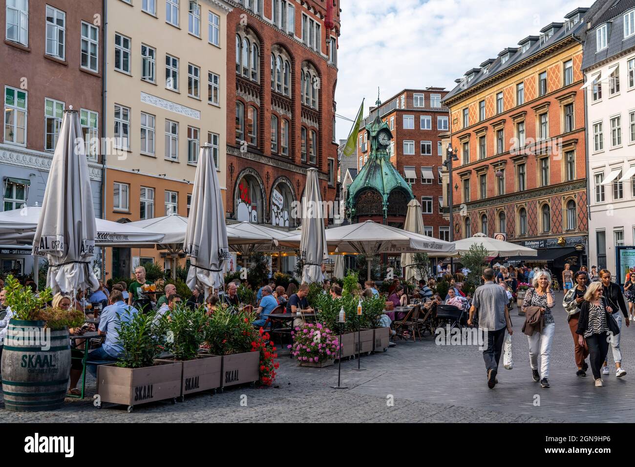 Old Town, Downtown, Kultorvet Square, Fontæne Fountain, Gastronomy, Shops, Copenhagen, Denmark, Stock Photo