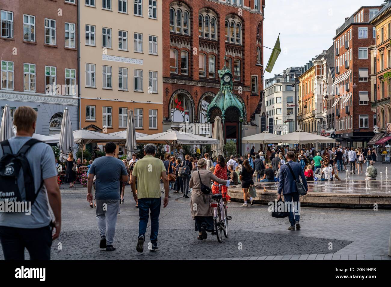 Old Town, Downtown, Kultorvet Square, Fontæne Fountain, Gastronomy, Shops, Copenhagen, Denmark, Stock Photo