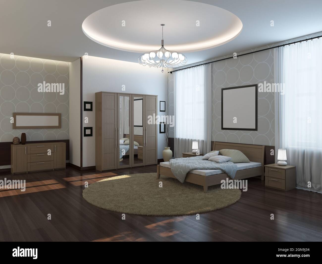 Modern Bright Bedroom Interior with Bed, Wardrobe with Mirror, Bedside