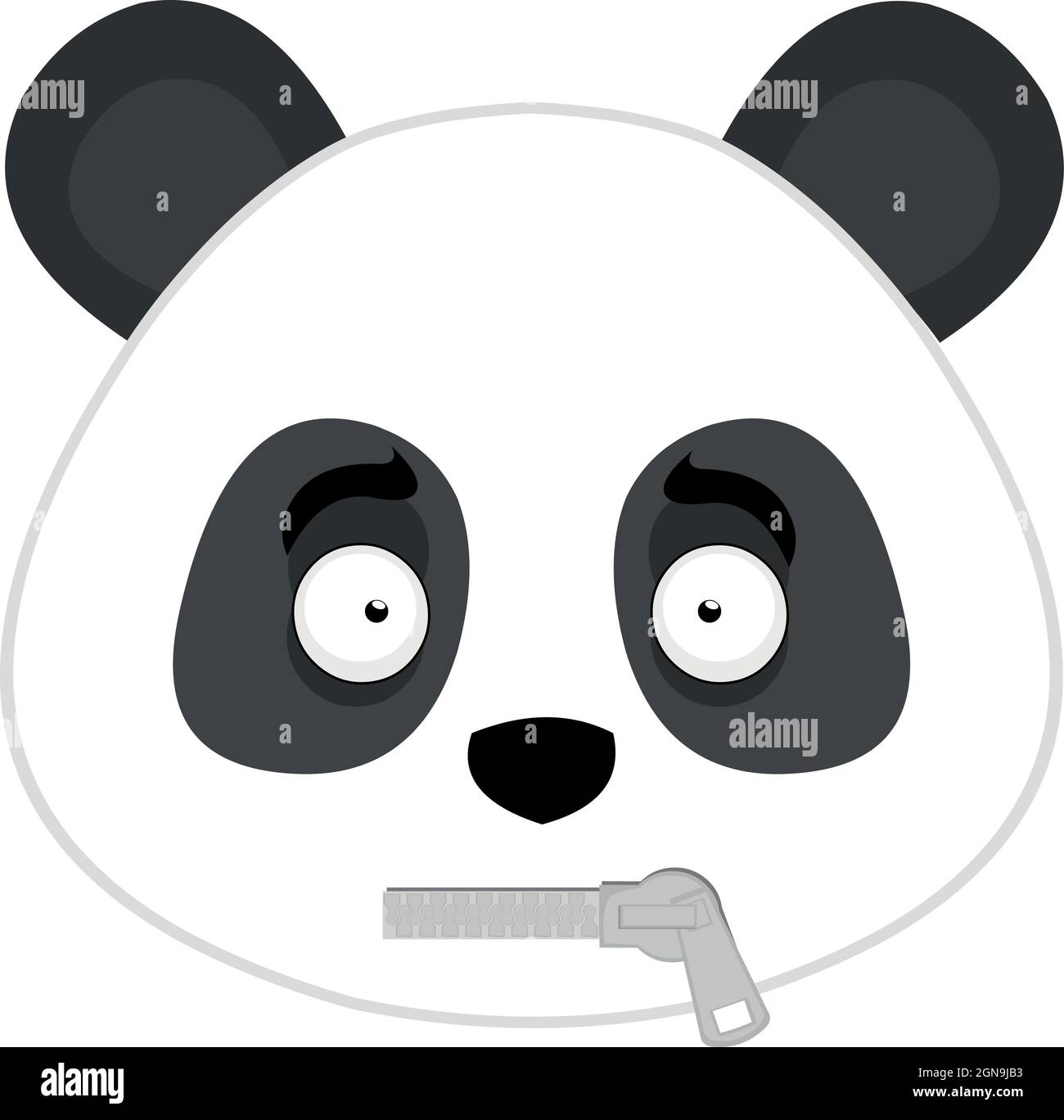 Vector illustration of emoticon of the face of a cartoon panda bear with a zipper in his mouth Stock Vector