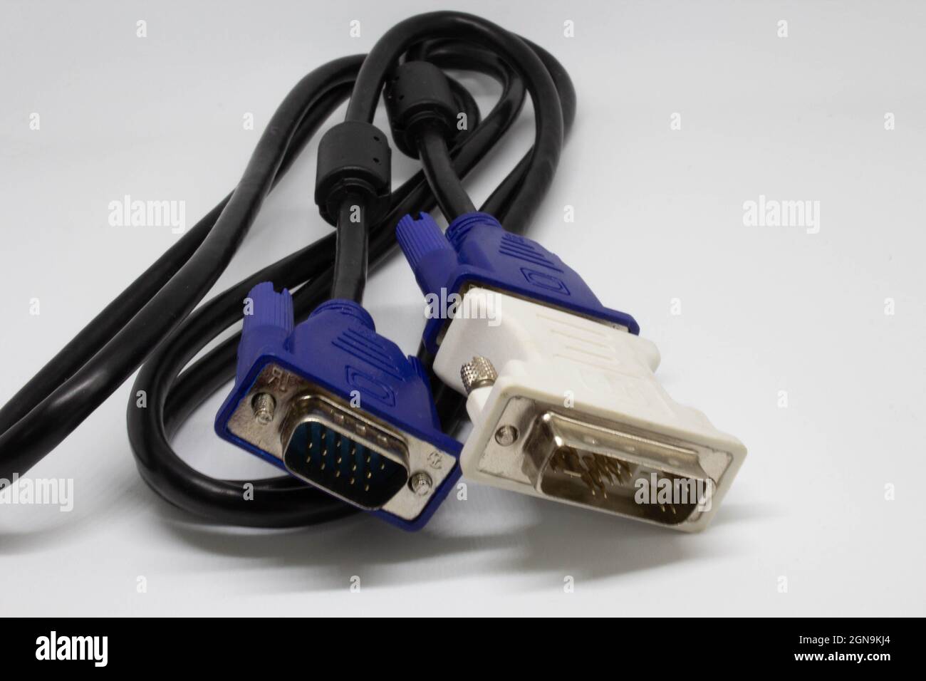 VGA cable attached with a DVI converter. Extension with DVI Stock Photo