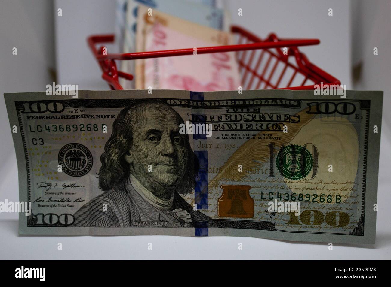 100 dollar bill in front of Turkish liras in a red shopping cart. Showing  how valuable