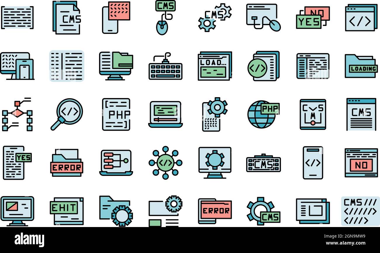 Cms development icons set outline vector. Data code. Design application Stock Vector