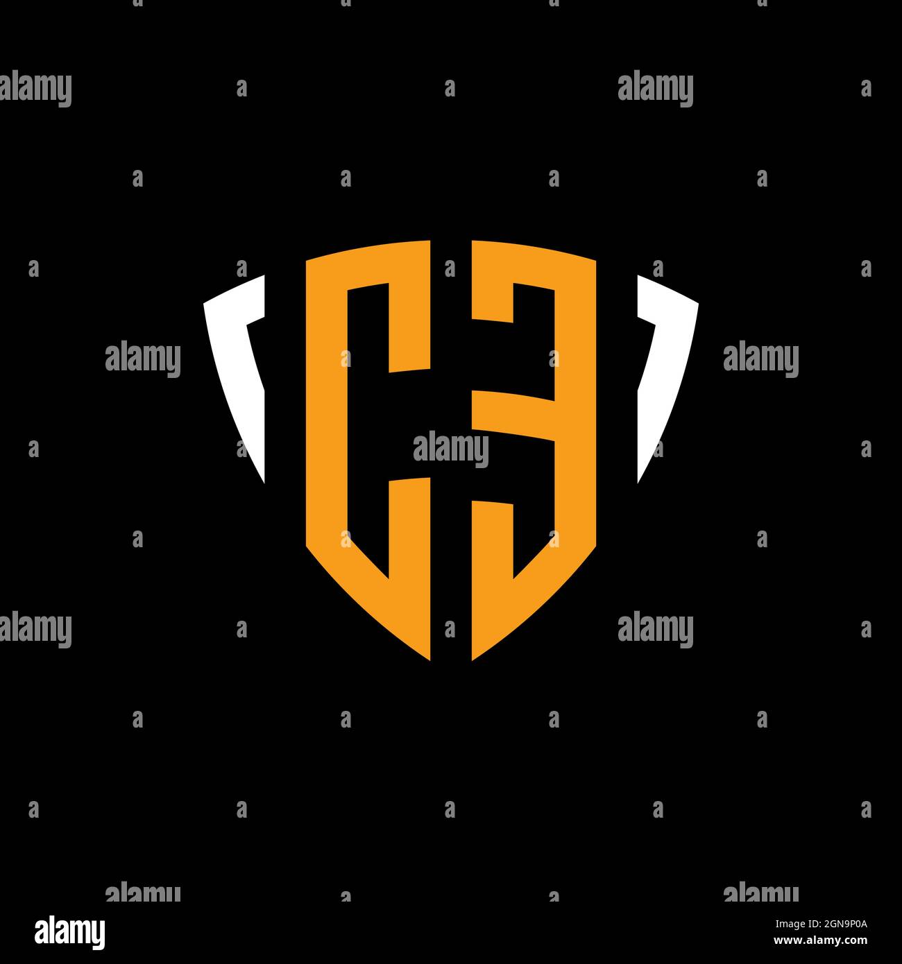 CE logo with shield white orange shape design template isolated on black background Stock Vector