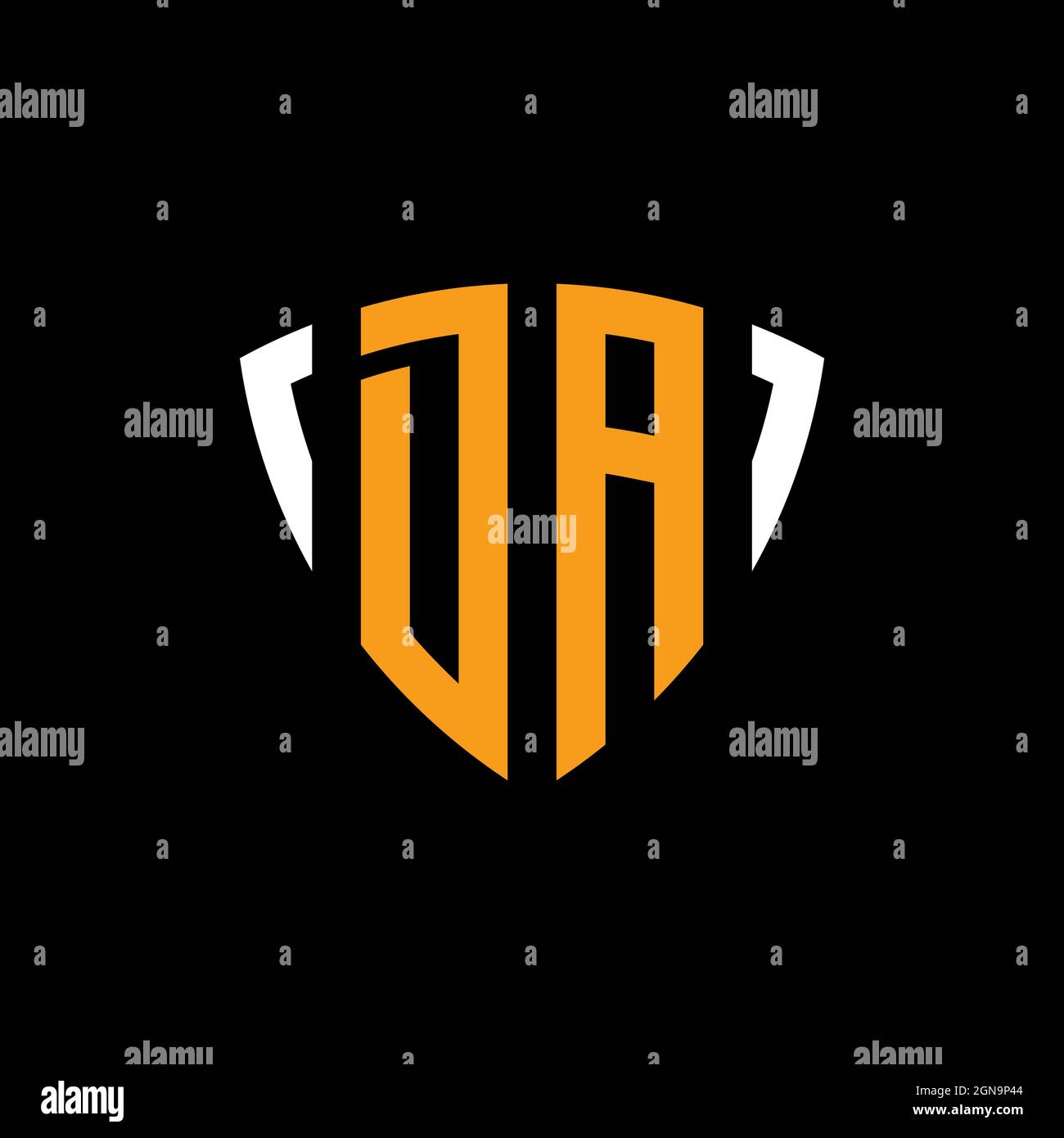 DA logo with shield white orange shape design template isolated on black background Stock Vector