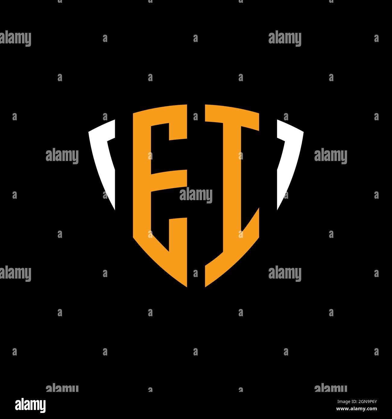 EI logo with shield white orange shape design template isolated on black background Stock Vector