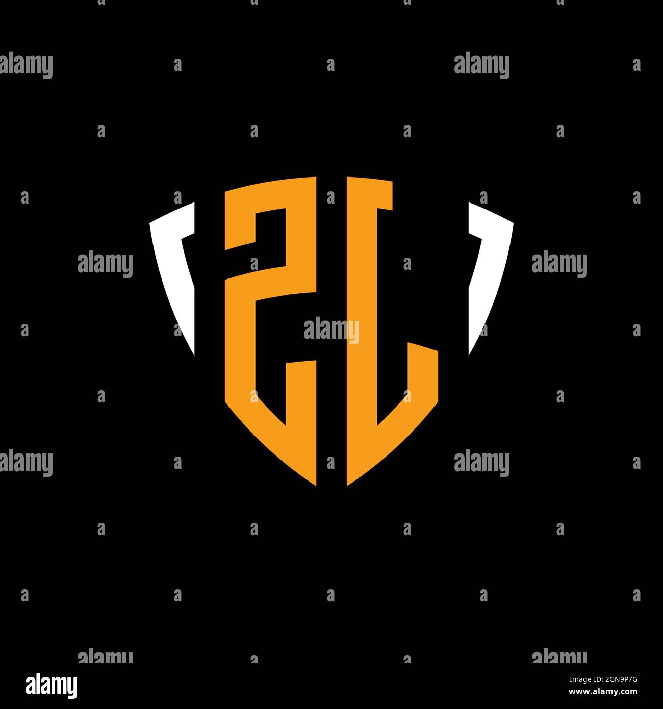 ZJ logo with shield white orange shape design template isolated on black background Stock Vector