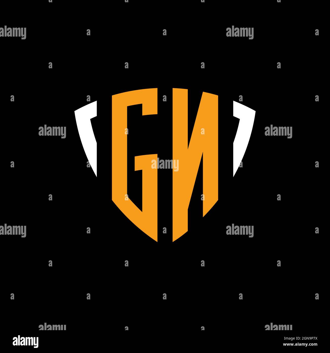 GN logo with shield white orange shape design template isolated on black background Stock Vector