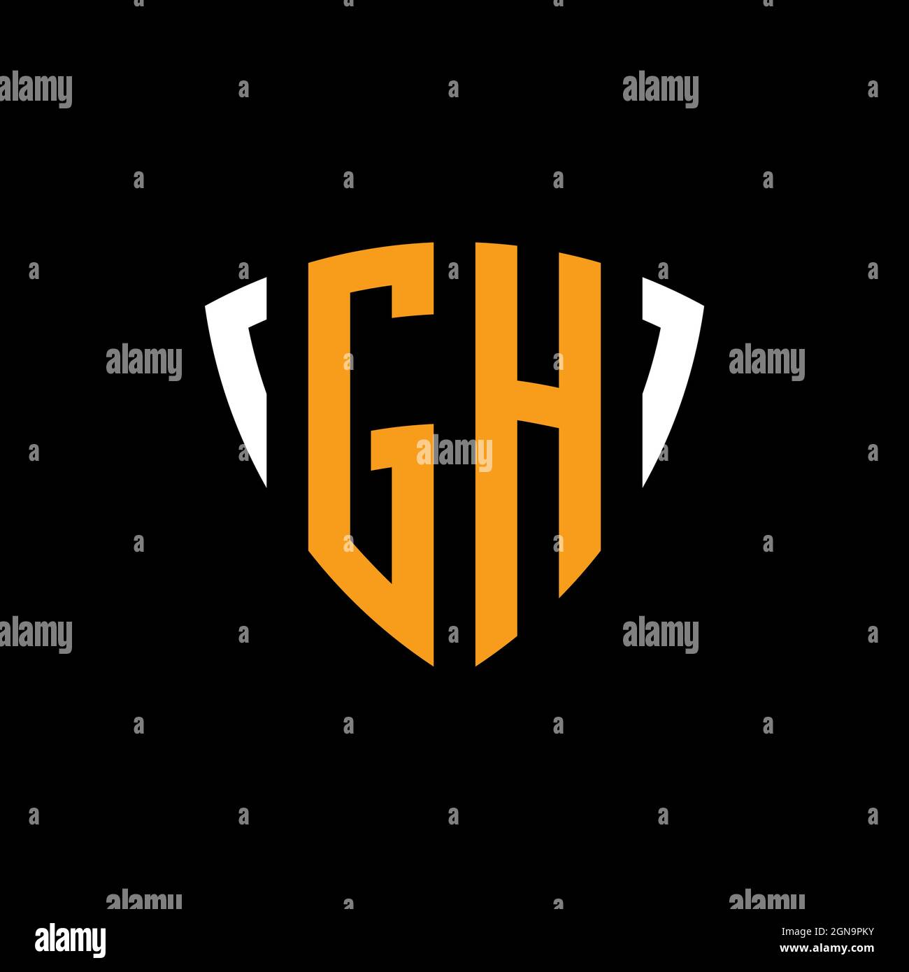 GH logo with shield white orange shape design template isolated on black background Stock Vector