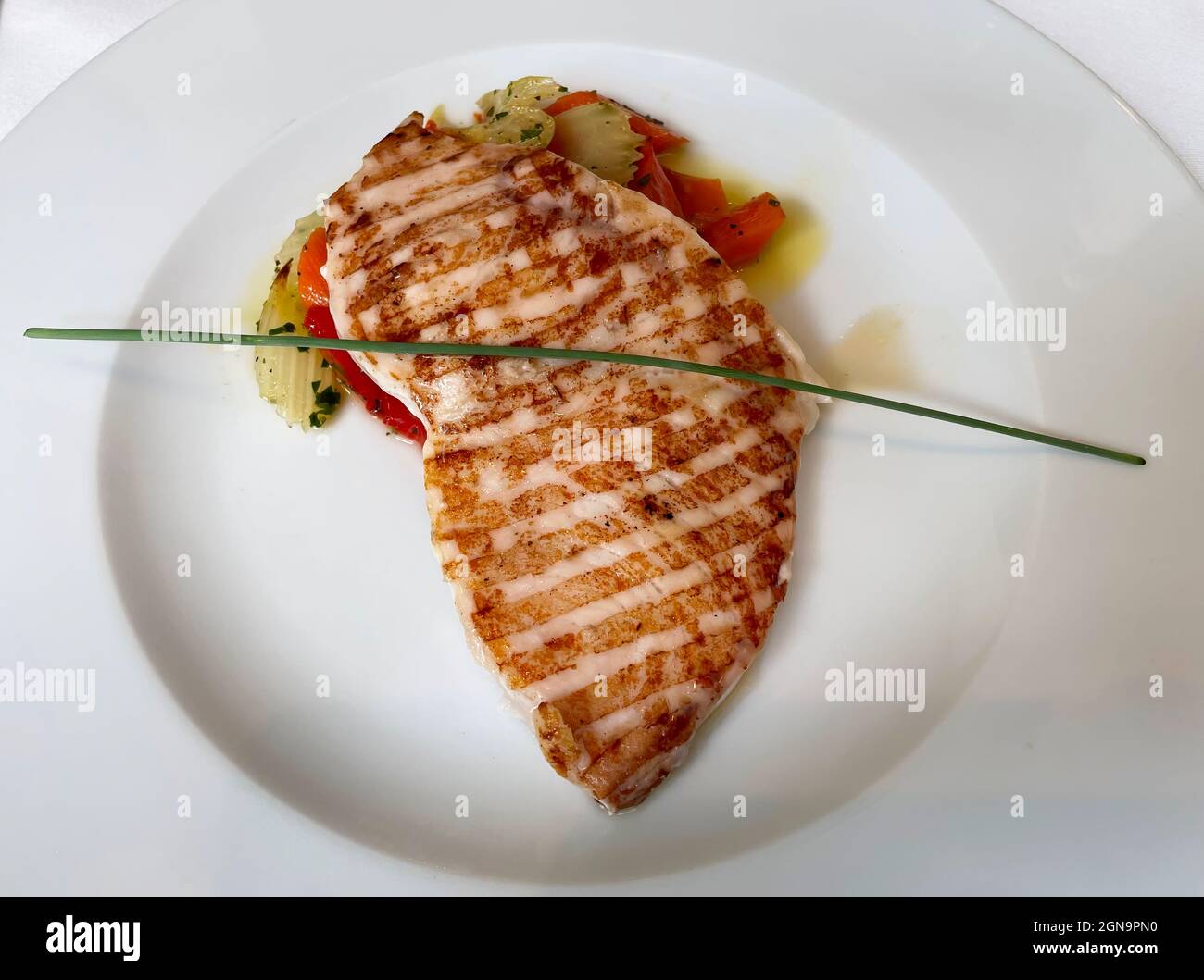 Grilled swordfish with vegetables. Italian restaurant cuisine Stock