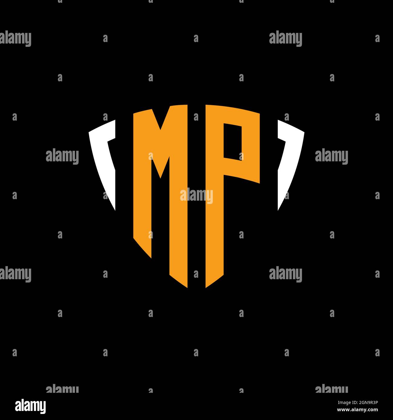 MP logo with shield white orange shape design template isolated on black background Stock Vector