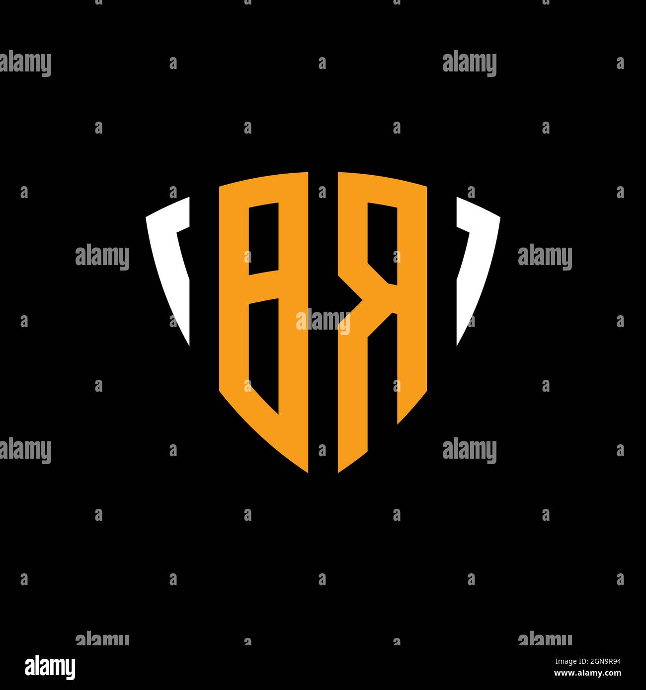 BR logo with shield white orange shape design template isolated on black background Stock Vector