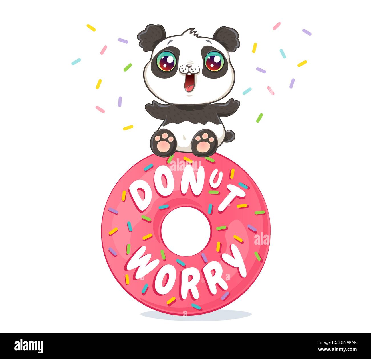Vector illustration of a cute panda on pink donut in kawaii style. Vector poster of donut with text of don't worry and cute panda. Do not worry. Stock Vector
