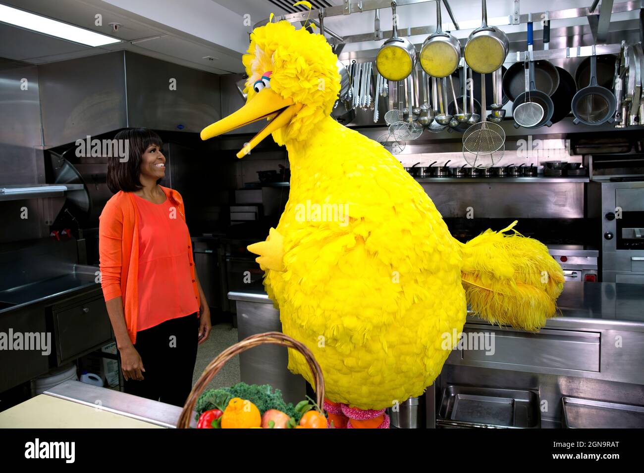 First Lady Michelle Obama participates in a “Let’s Move!” and 'Sesame Street' public service announcement taping with Big Bird in the White House Kitchen, Feb. 13, 2013. (Official White House Photo by Lawrence Jackson) This official White House photograph is being made available only for publication by news organizations and/or for personal use printing by the subject(s) of the photograph. The photograph may not be manipulated in any way and may not be used in commercial or political materials, advertisements, emails, products, promotions that in any way suggests approval or endorsement of the Stock Photo