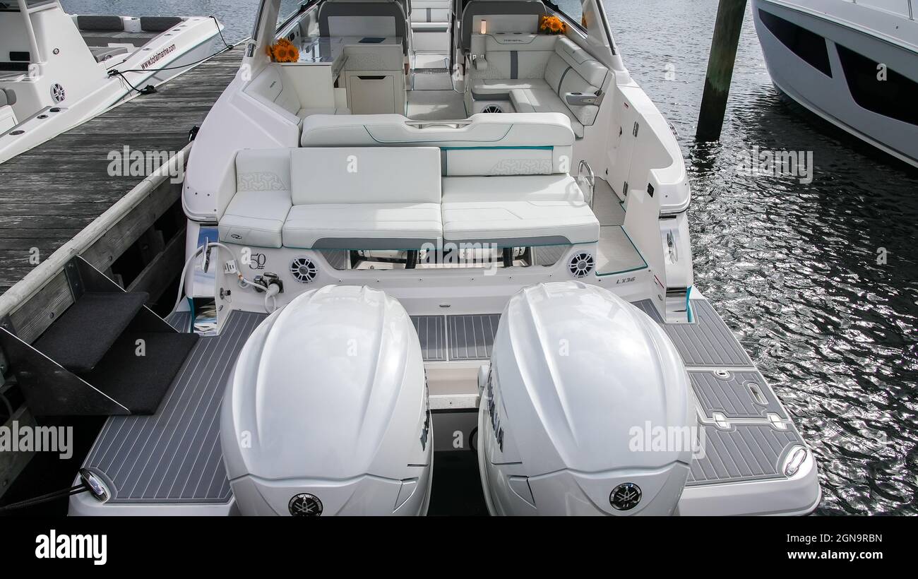 NORWALK, CT, USA - SEPTEMBER 23, 2021: Regal LX 36 boat from   Progressive Norwalk Boat Show Day One, show is from September 23-26 2021 Stock Photo