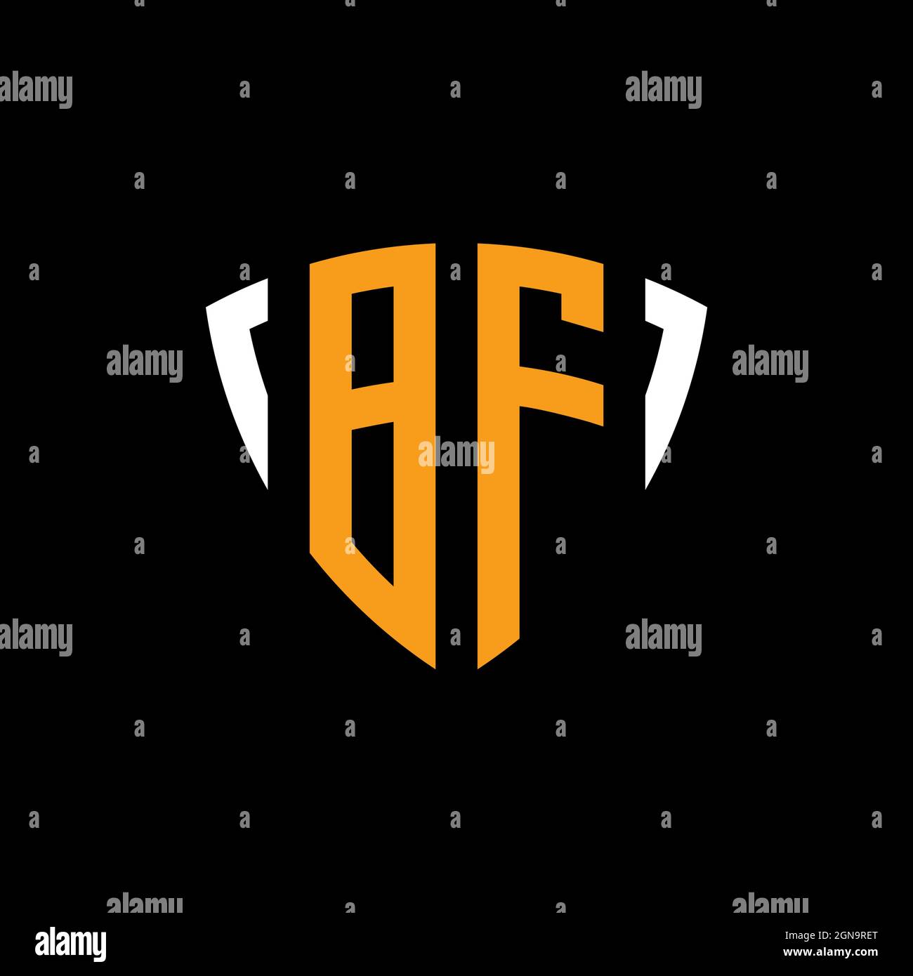 BF logo with shield white orange shape design template isolated on black background Stock Vector
