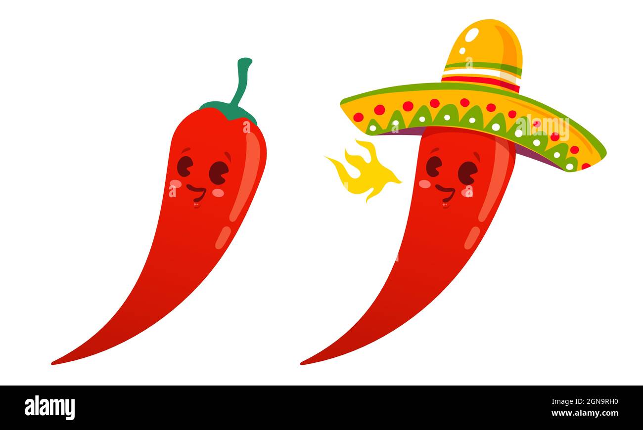 Vector set illustration of a spicy chilli peppers with flame. Cartoon