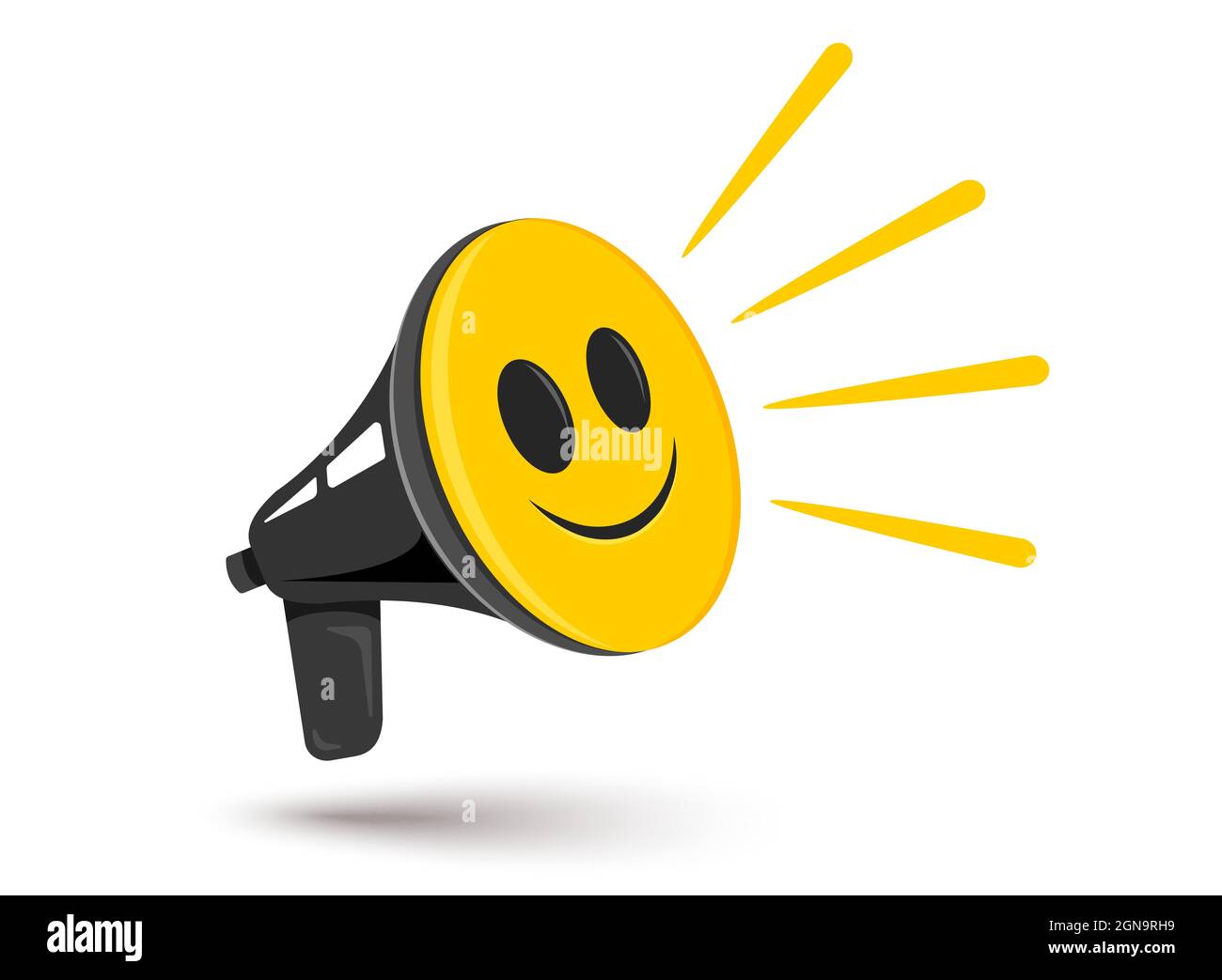 Vector icon of vintage megaphone with positive smile. Vector retro megaphone with happy emoji. Positive news. Stock Vector