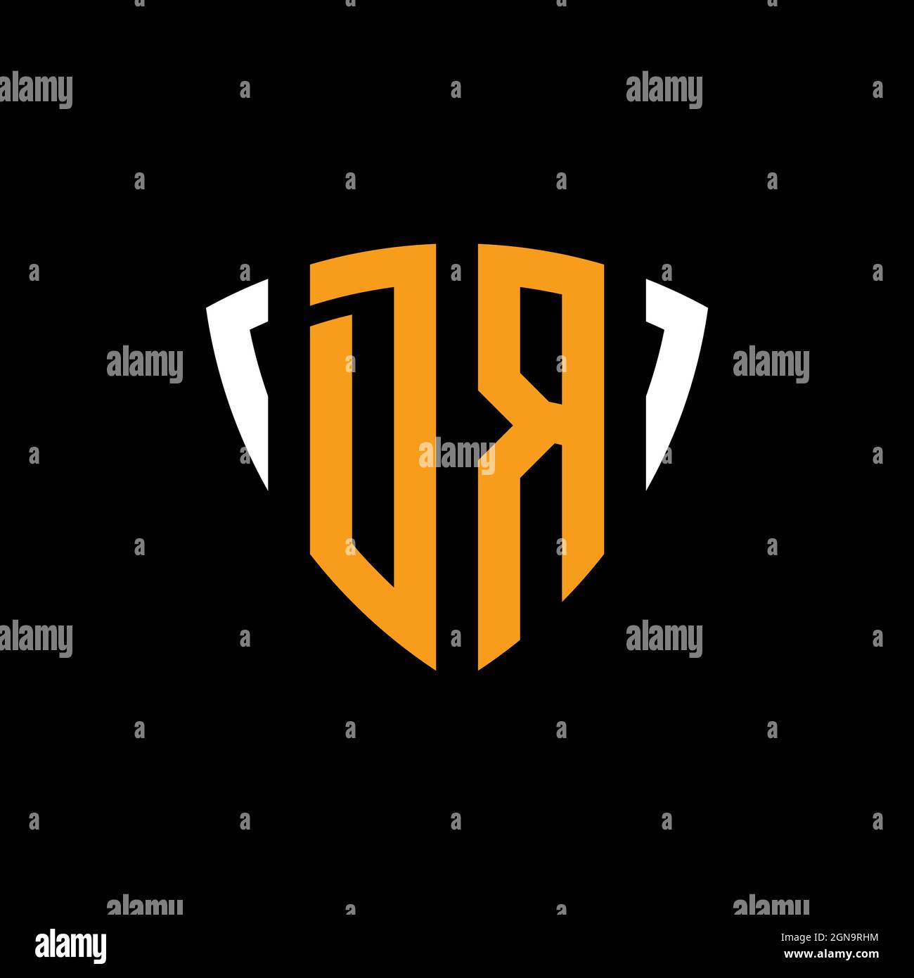 DR logo with shield white orange shape design template isolated on black background Stock Vector