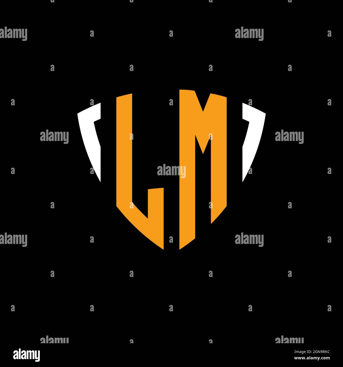 LM logo with shield white orange shape design template isolated on black background Stock Vector