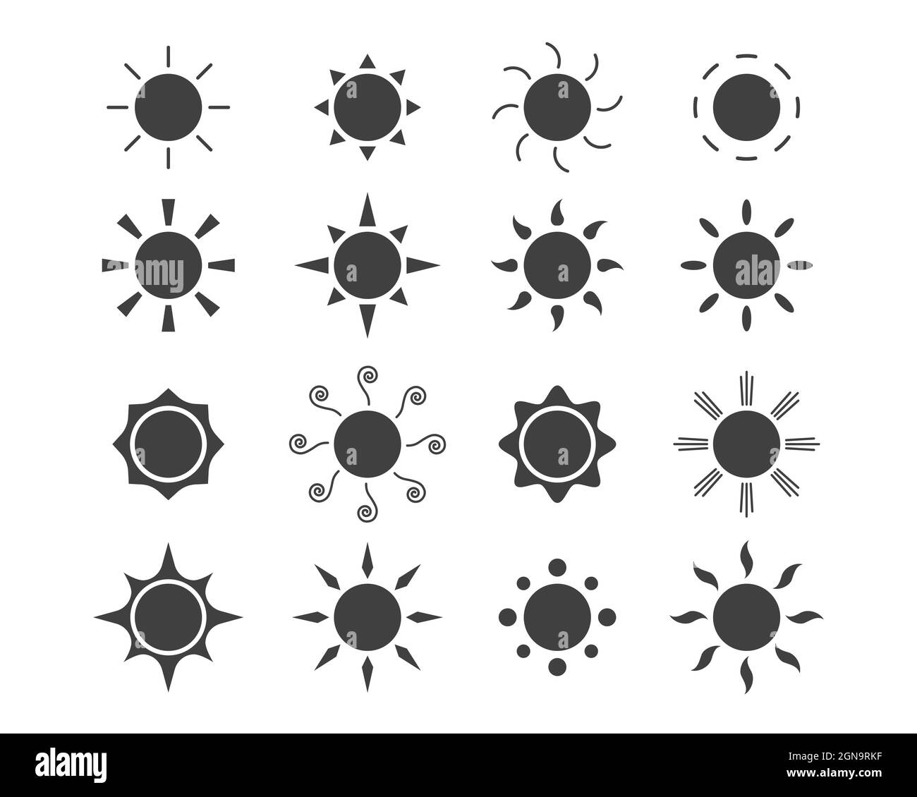 Vector set icons of sun in flat style. Vector emblems of sun. Stock Vector