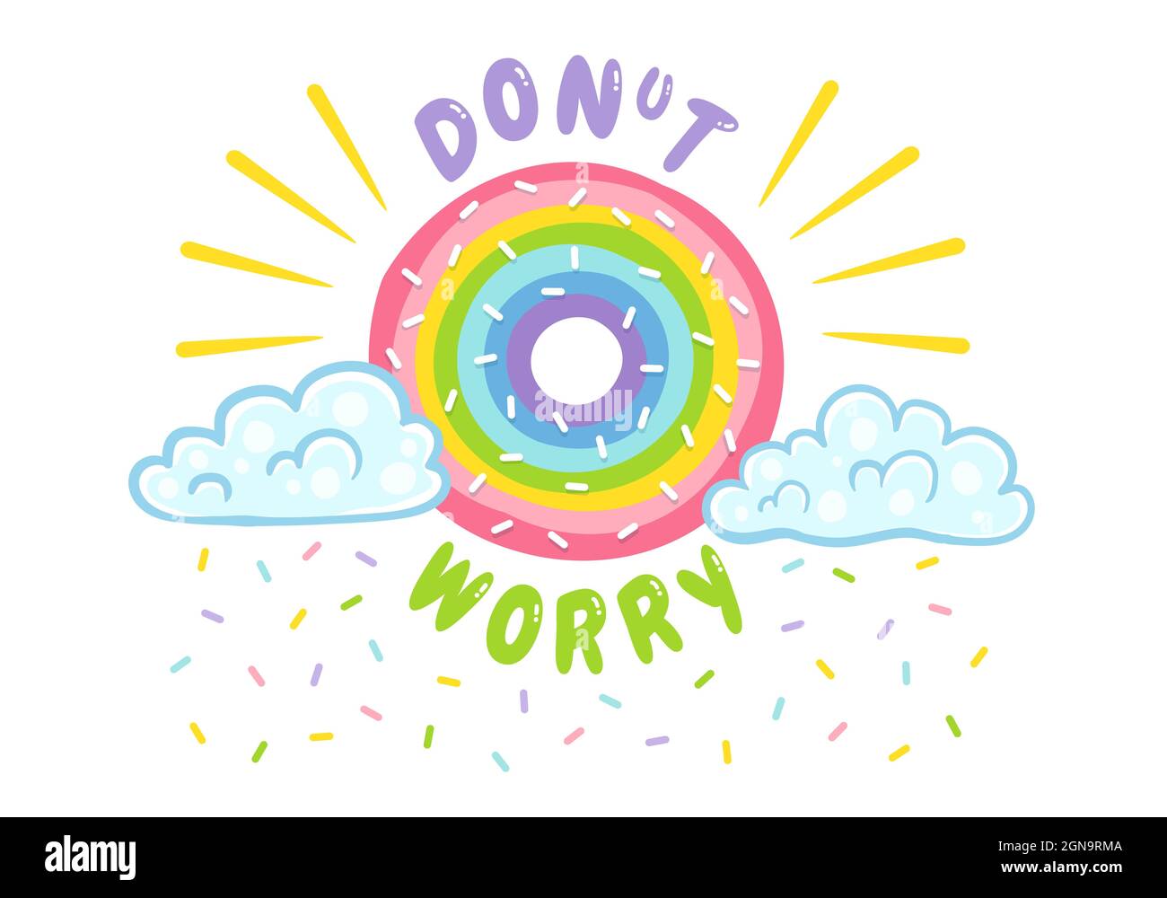 Vector illustration of donut like rainbow with clouds. Vector clouds with confetti and rainbow donut. Don't worry. Stock Vector