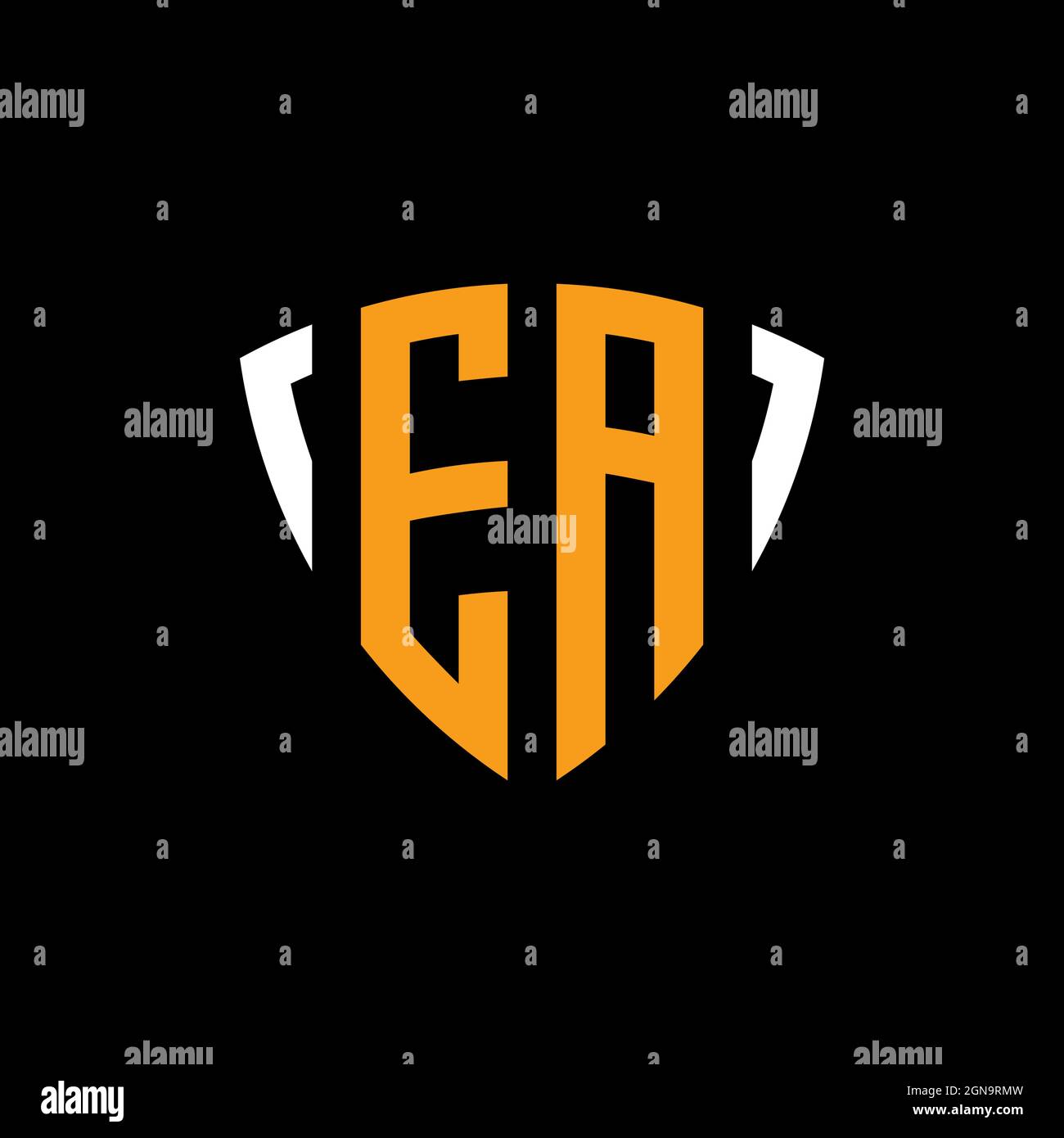 EA logo with shield white orange shape design template isolated on black background Stock Vector