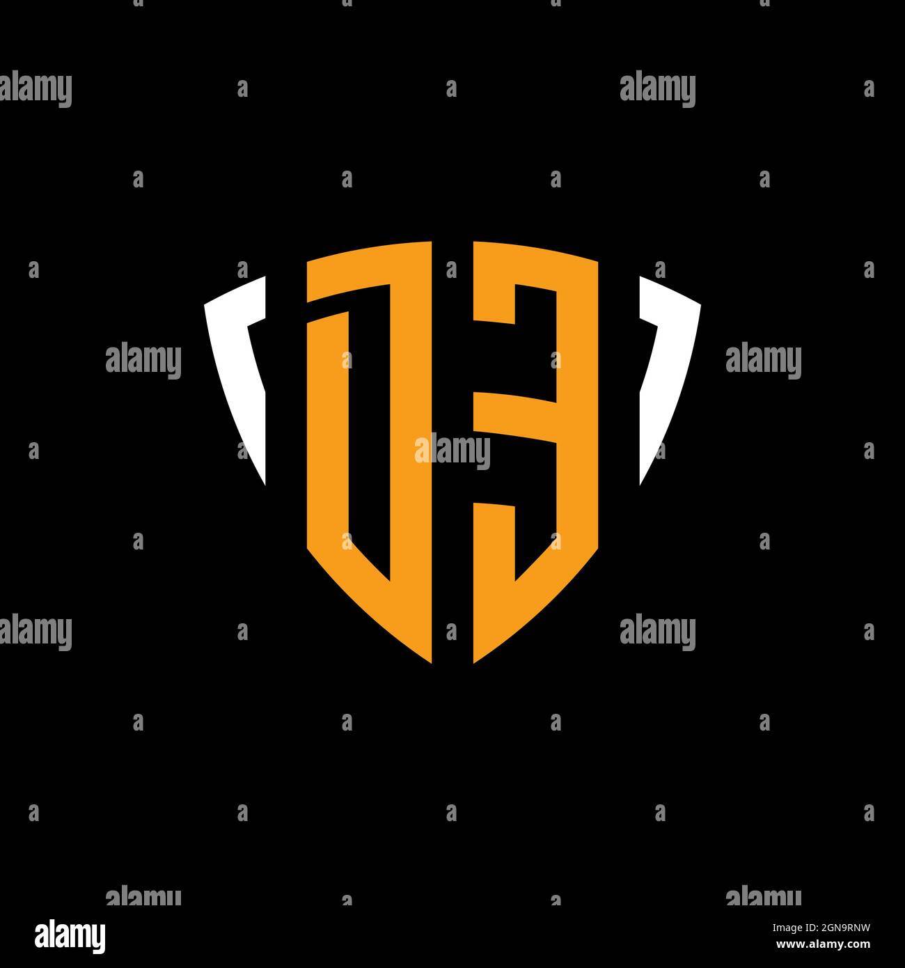 DE logo with shield white orange shape design template isolated on black background Stock Vector