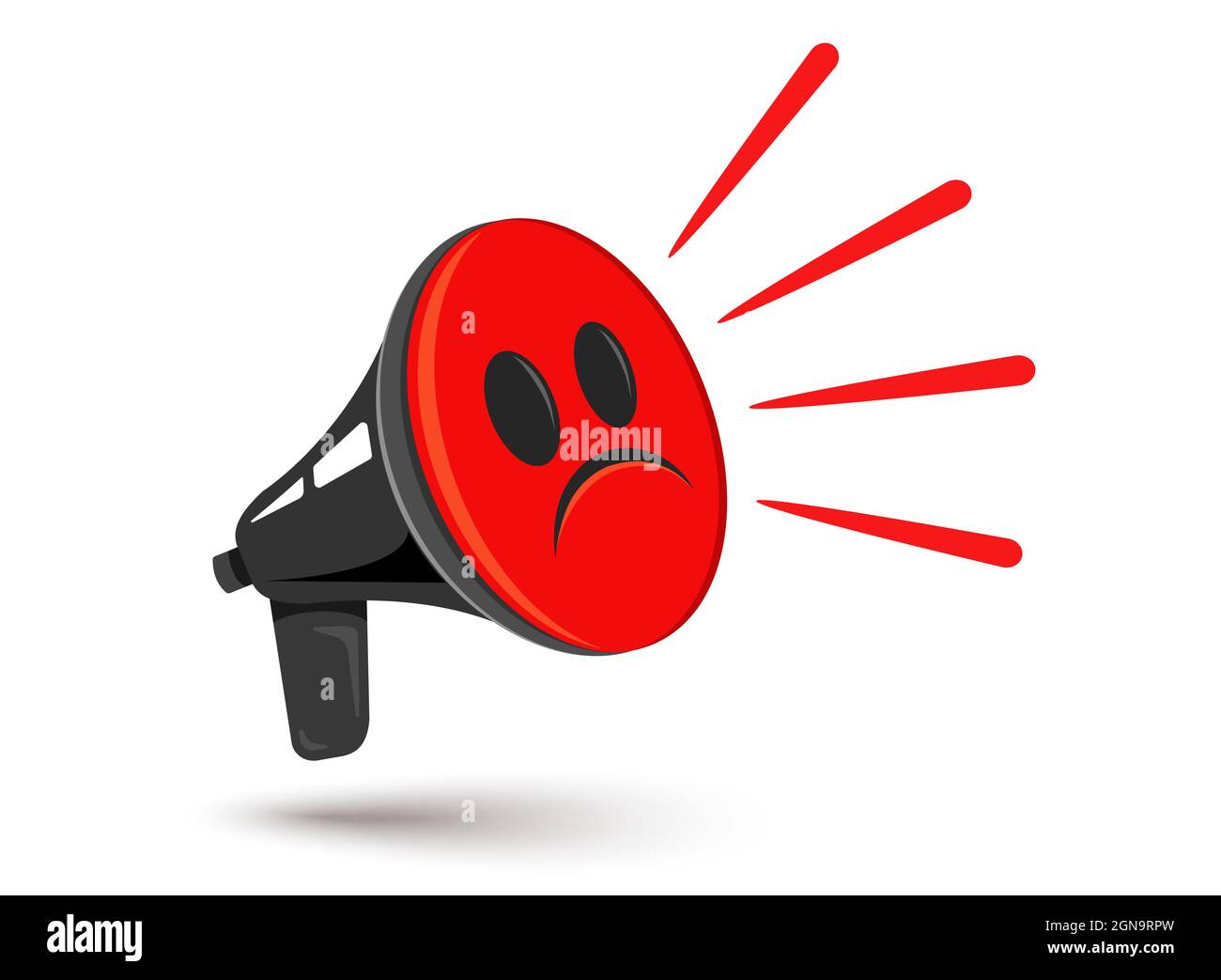 Vector icon of vintage megaphone with negative smile. Vector retro megaphone with angry emoji. Bad news. Stock Vector