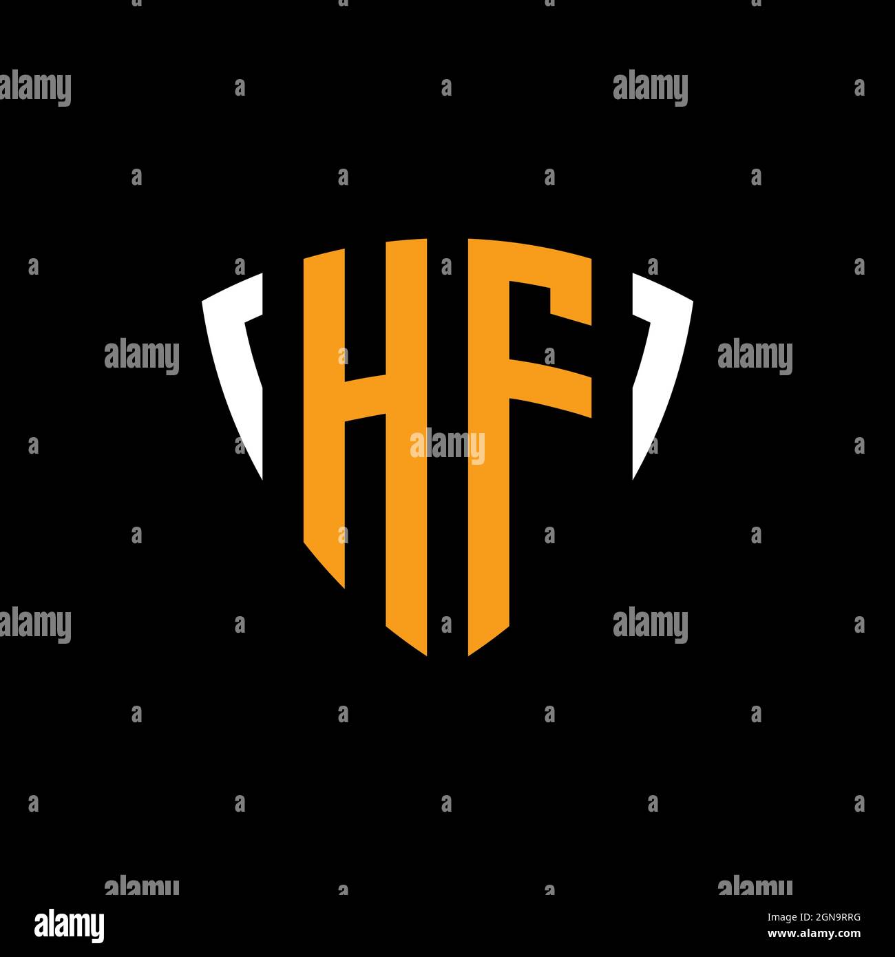 HF logo with shield white orange shape design template isolated on black background Stock Vector