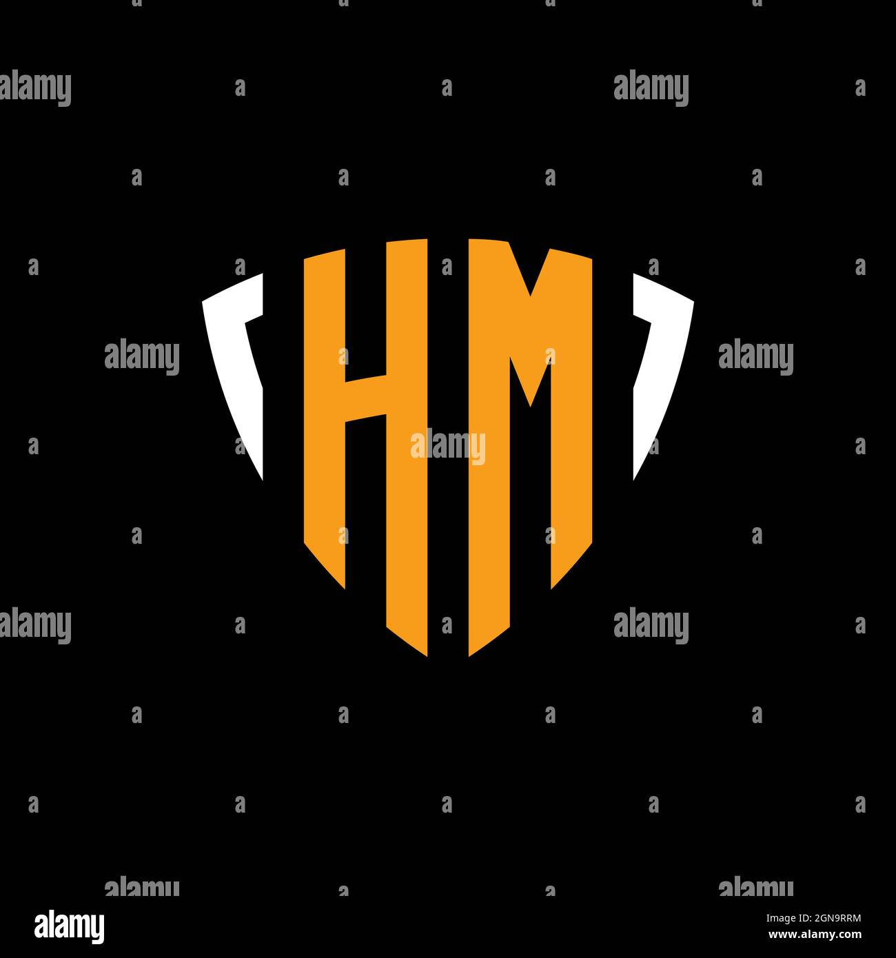 HM logo with shield white orange shape design template isolated on black background Stock Vector