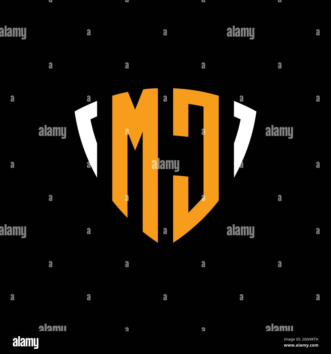MC logo with shield white orange shape design template isolated on black background Stock Vector