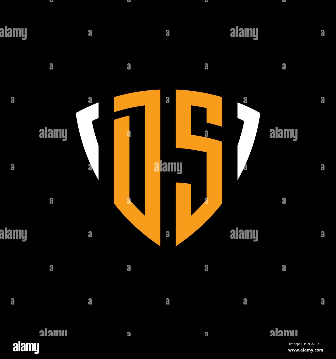 DS logo with shield white orange shape design template isolated on black background Stock Vector