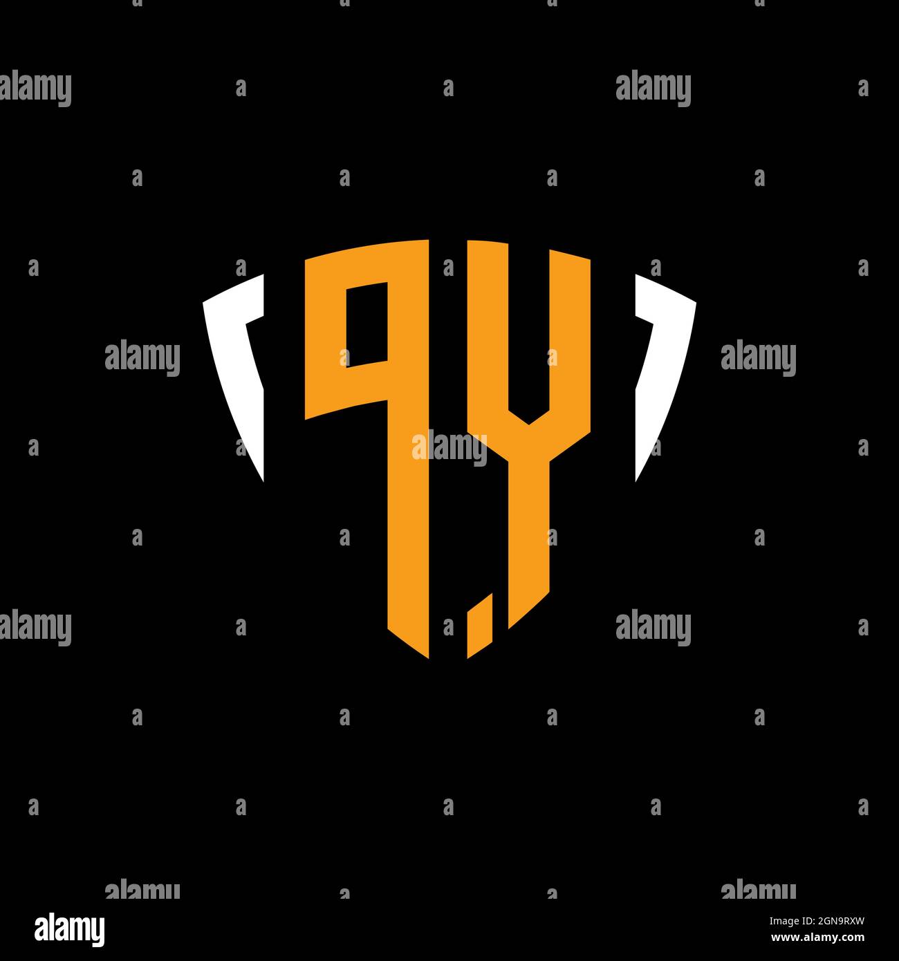 PY logo with shield white orange shape design template isolated on black background Stock Vector