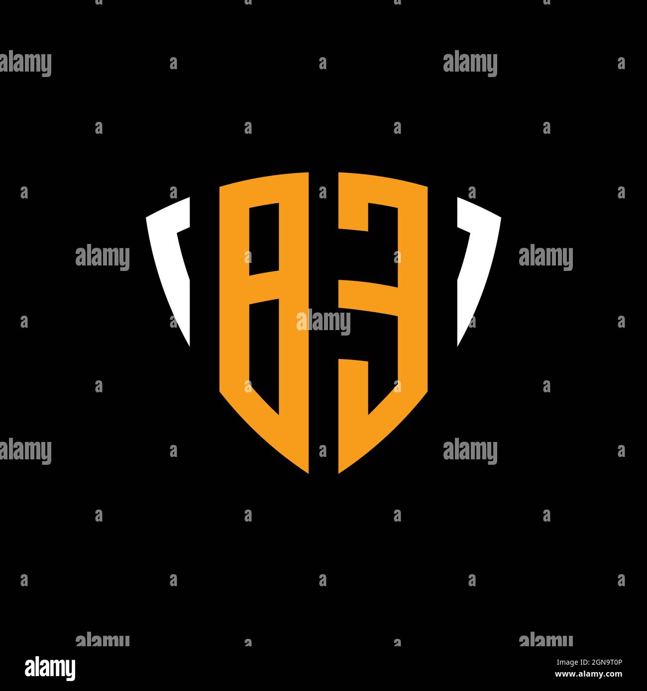 BE logo with shield white orange shape design template isolated on black background Stock Vector