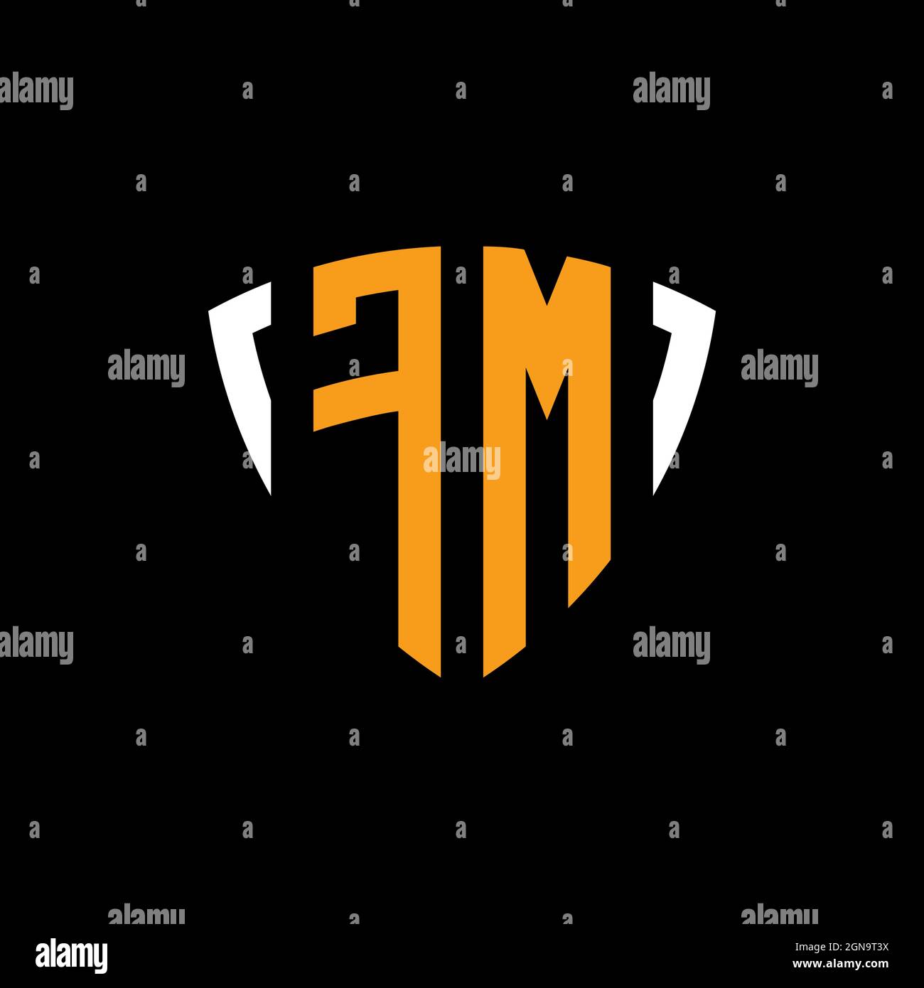 FM logo with shield white orange shape design template isolated on black background Stock Vector