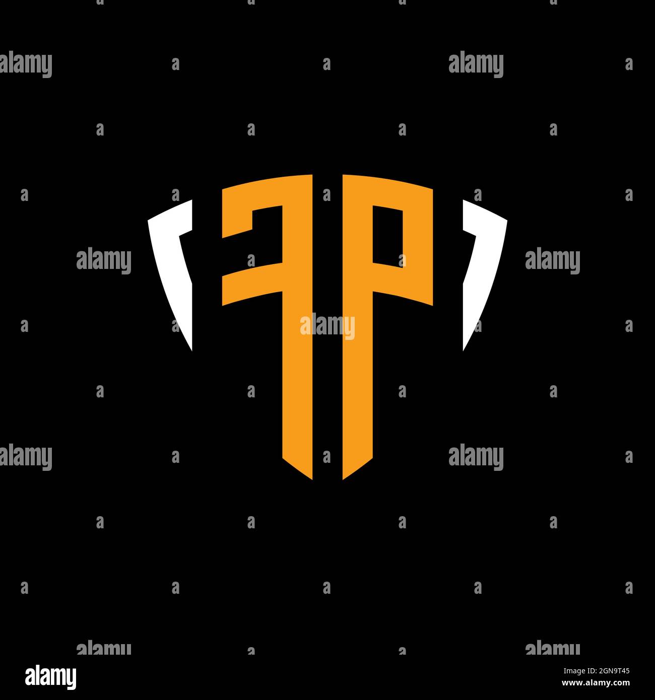 FP logo with shield white orange shape design template isolated on black background Stock Vector