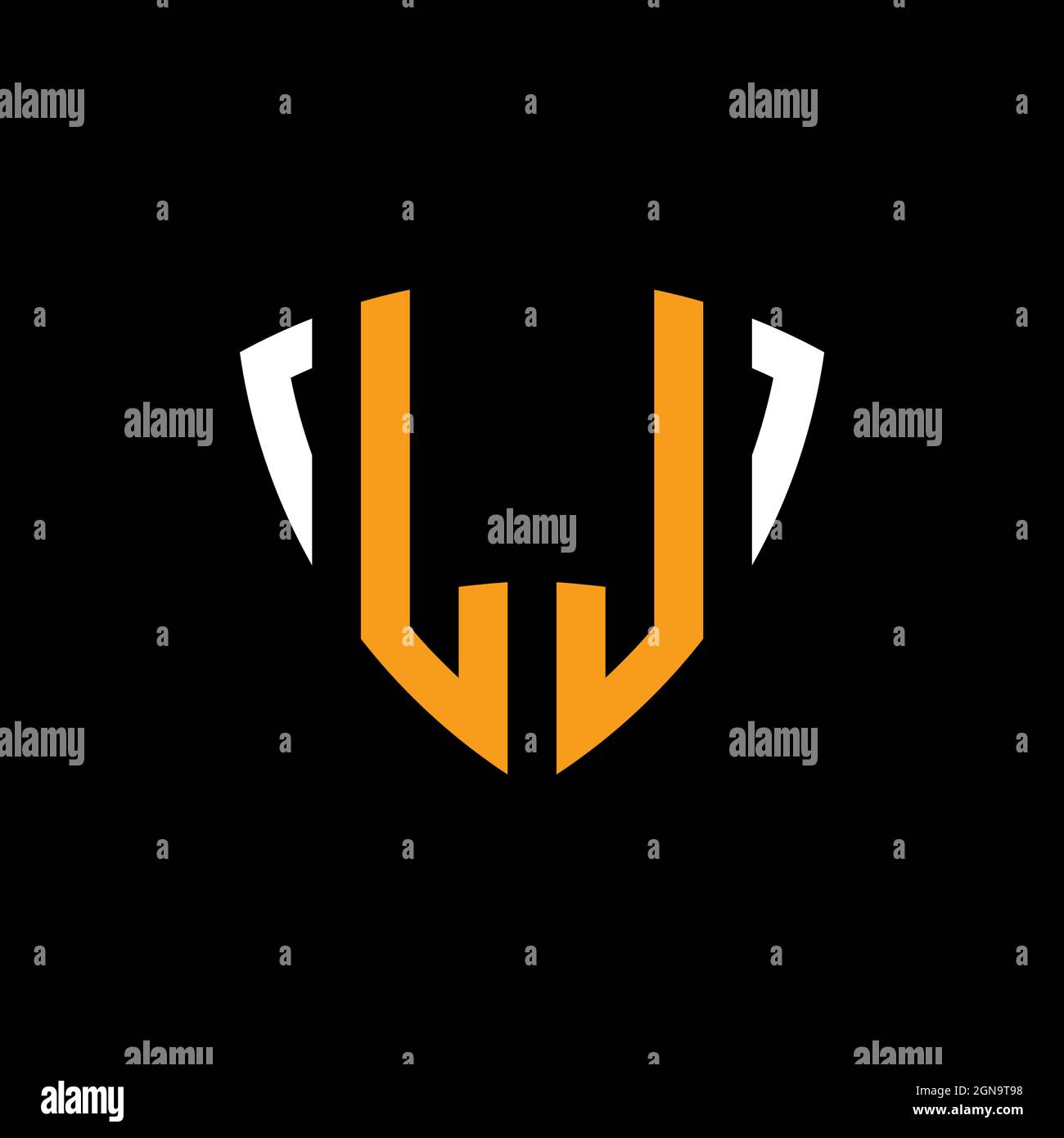 LL logo with shield white orange shape design template isolated on black background Stock Vector