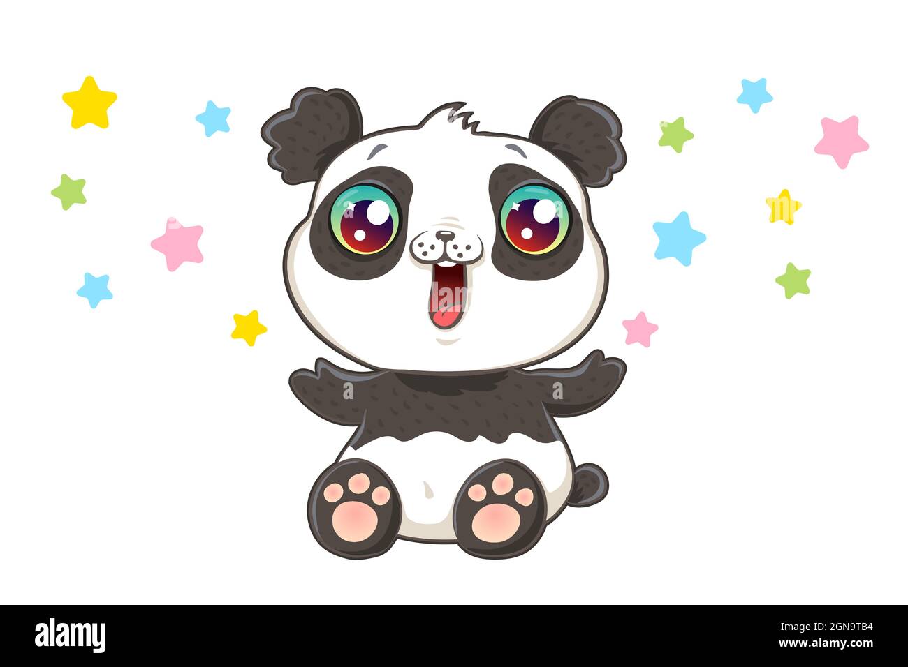 Vector illustration of a cute panda in kawaii style. Cute vector panda with confetti. Stock Vector