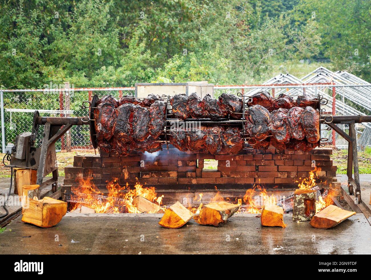 Eight hundred pounds of beef skewered on a custom made motor driven