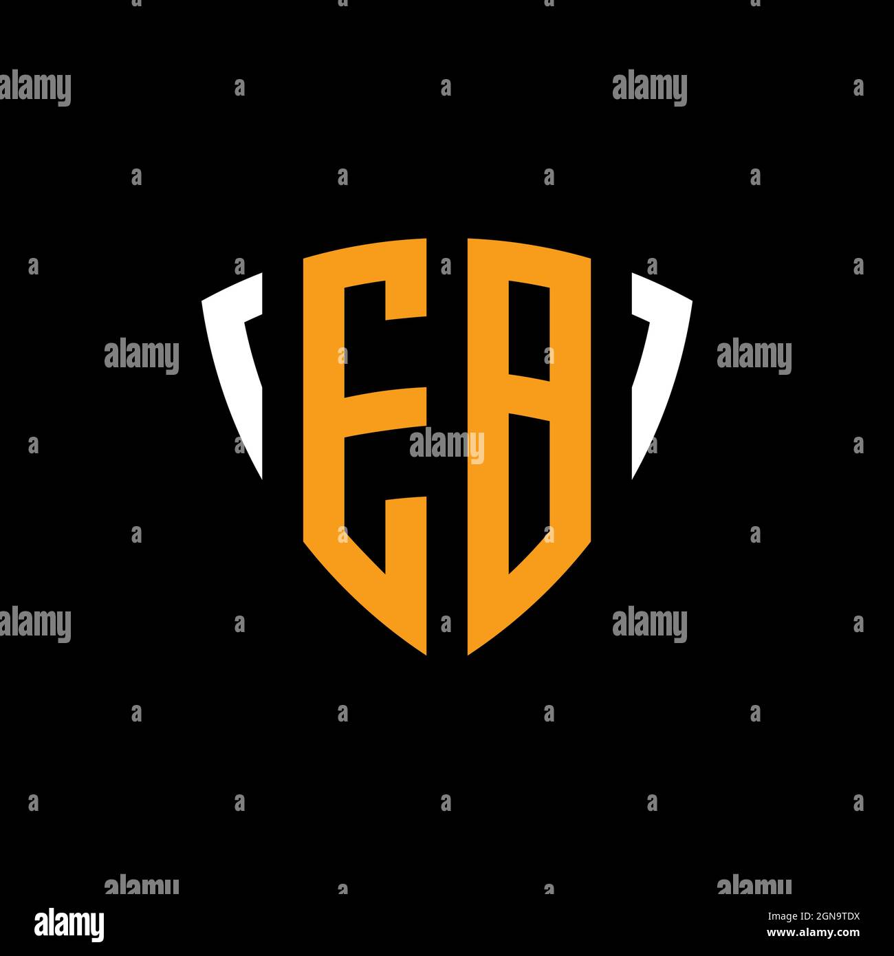 EB logo with shield white orange shape design template isolated on black background Stock Vector