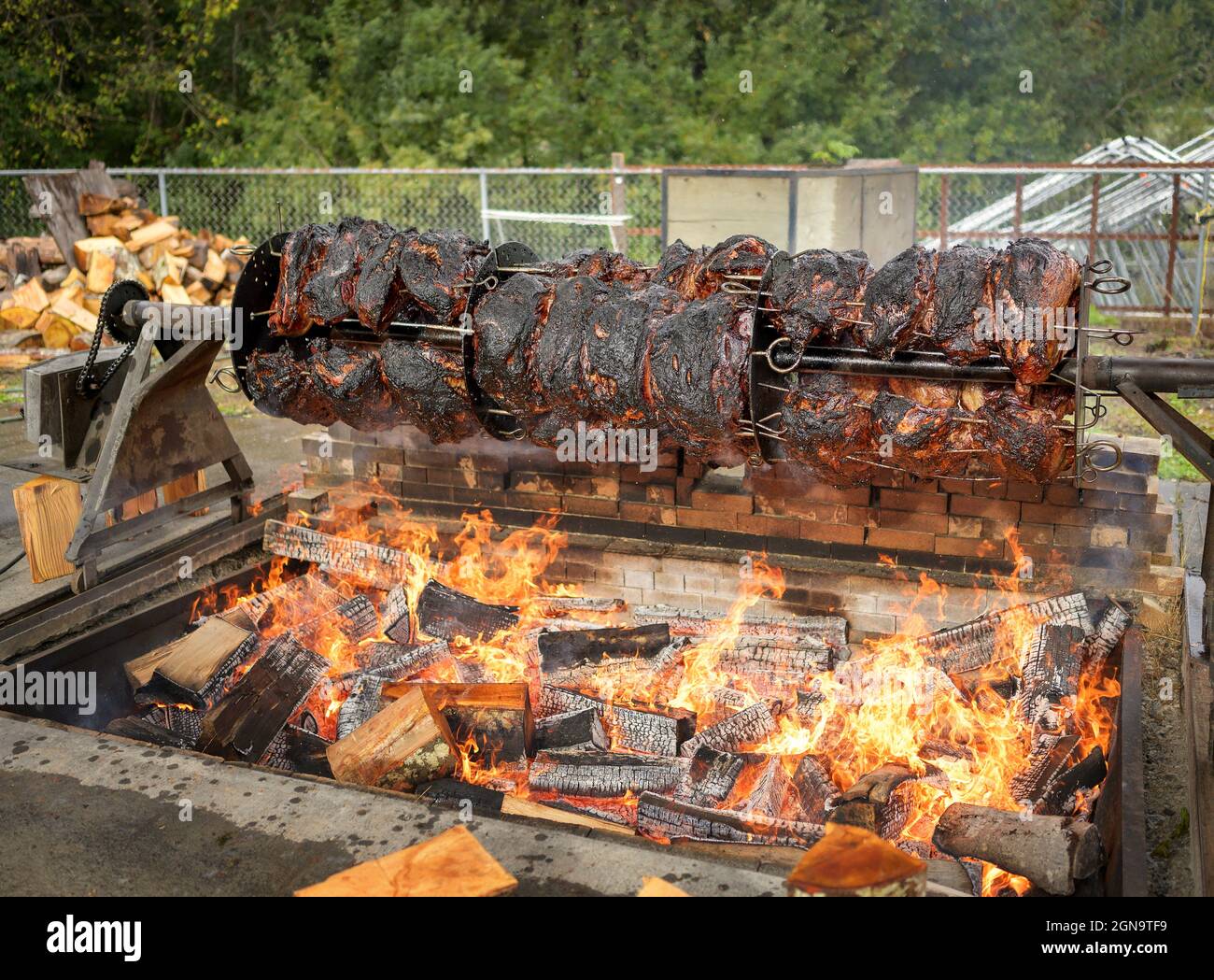Eight hundred pounds of beef skewered on a custom made motor driven