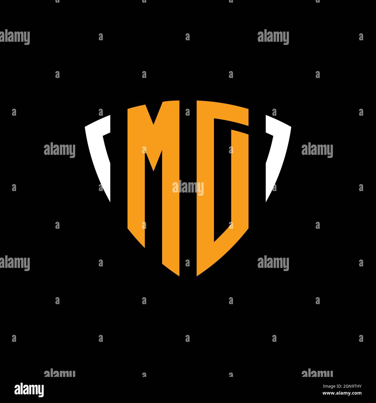 MD logo with shield white orange shape design template isolated on black background Stock Vector