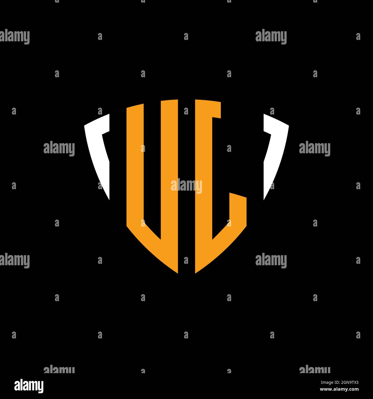 UJ logo with shield white orange shape design template isolated on black background Stock Vector