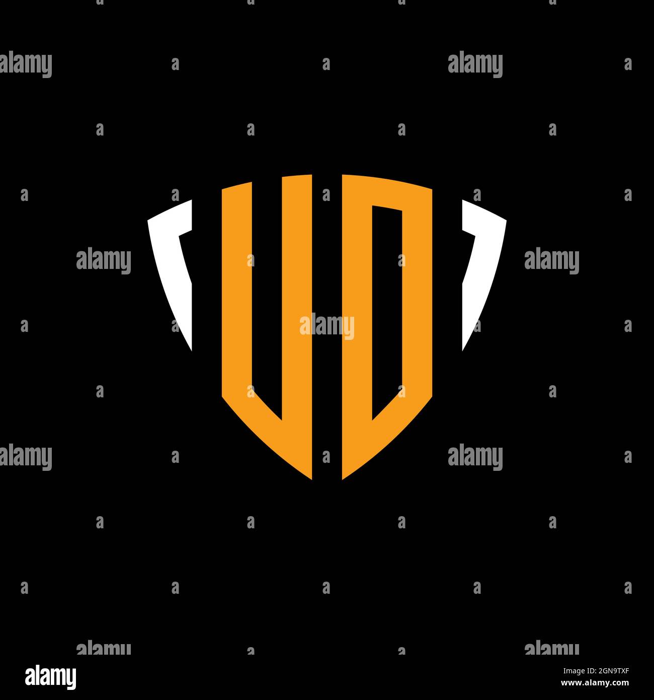 UO logo with shield white orange shape design template isolated on black background Stock Vector
