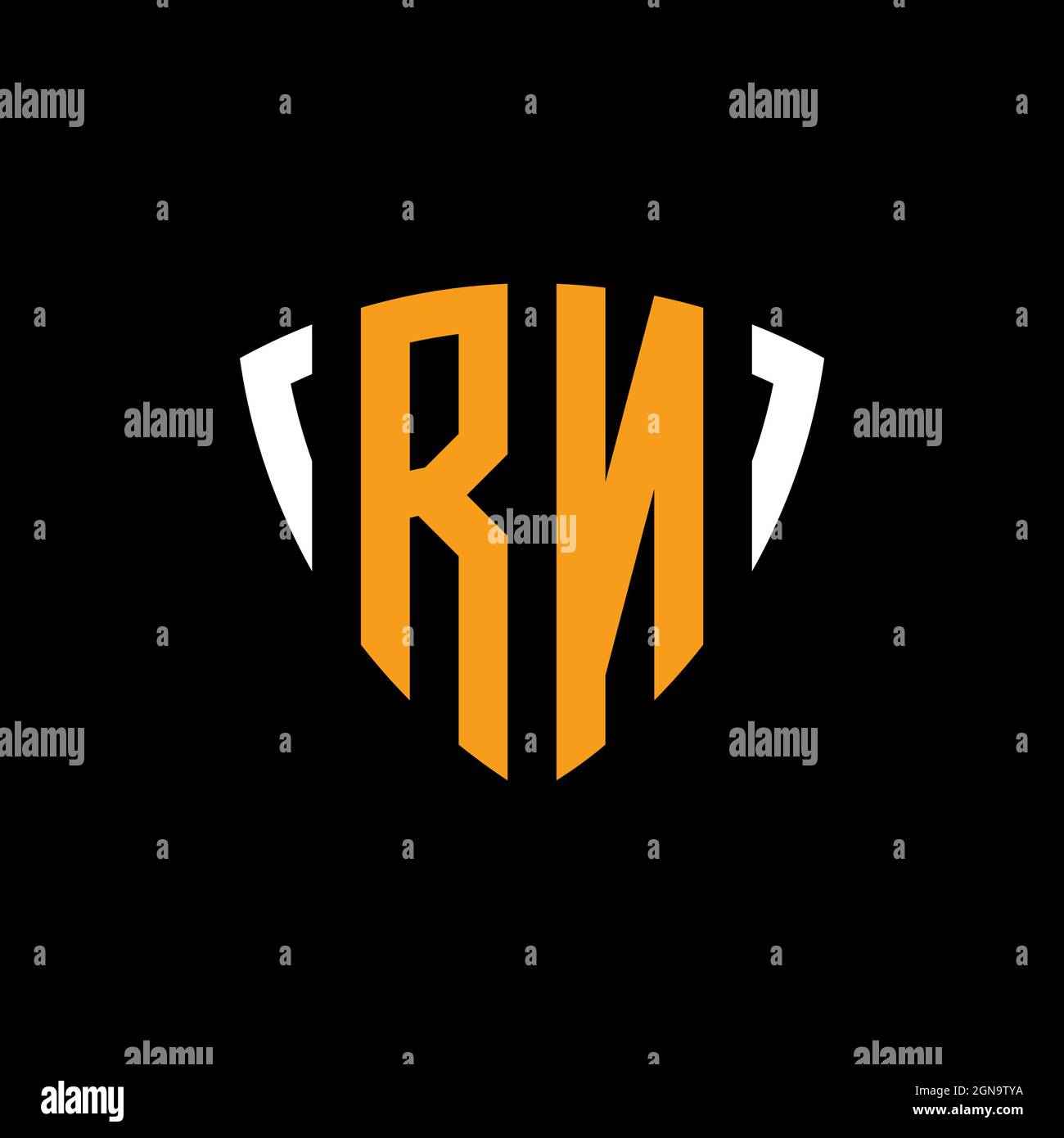 RN logo with shield white orange shape design template isolated on black background Stock Vector