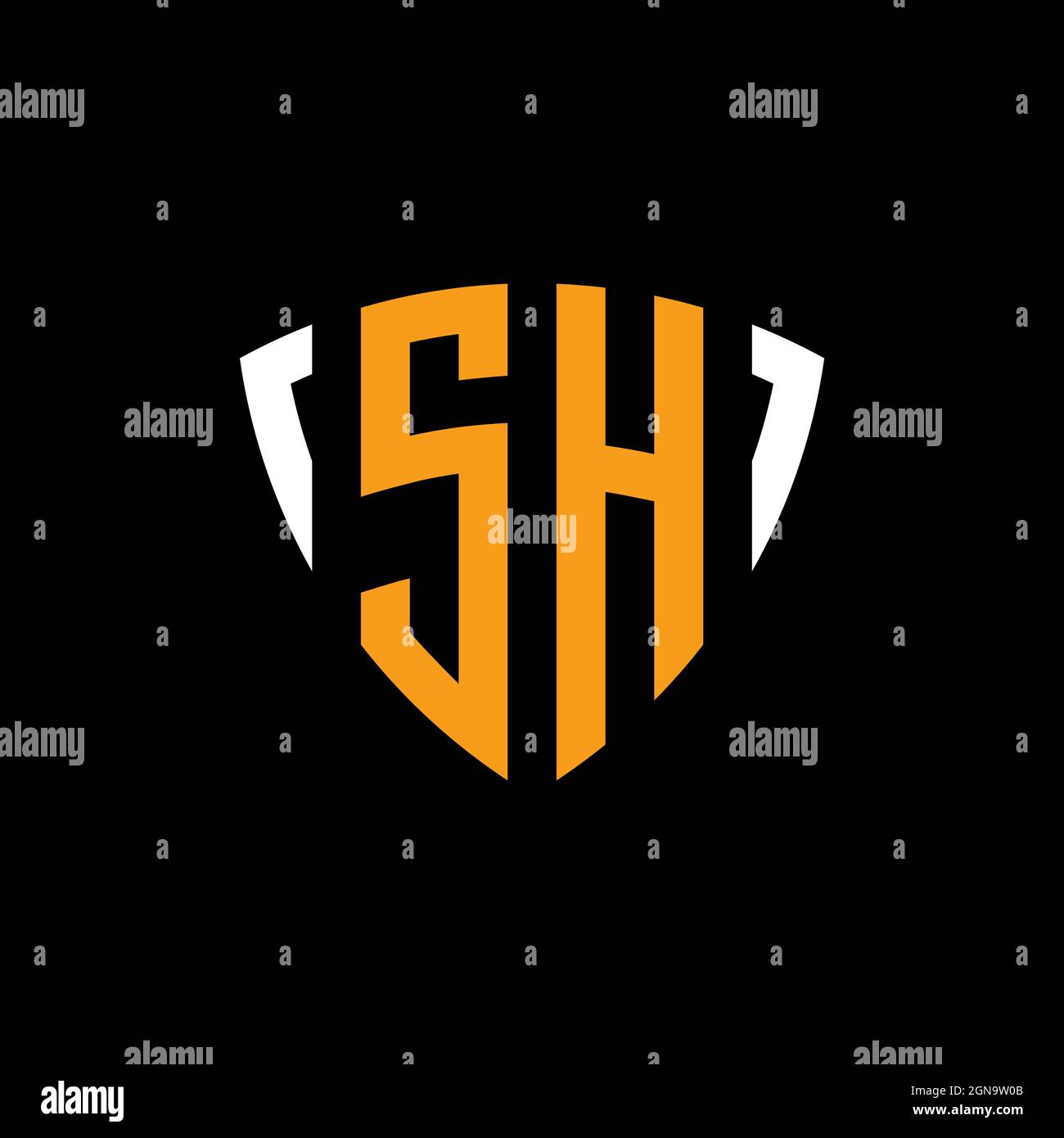 SH logo with shield white orange shape design template isolated on black background Stock Vector