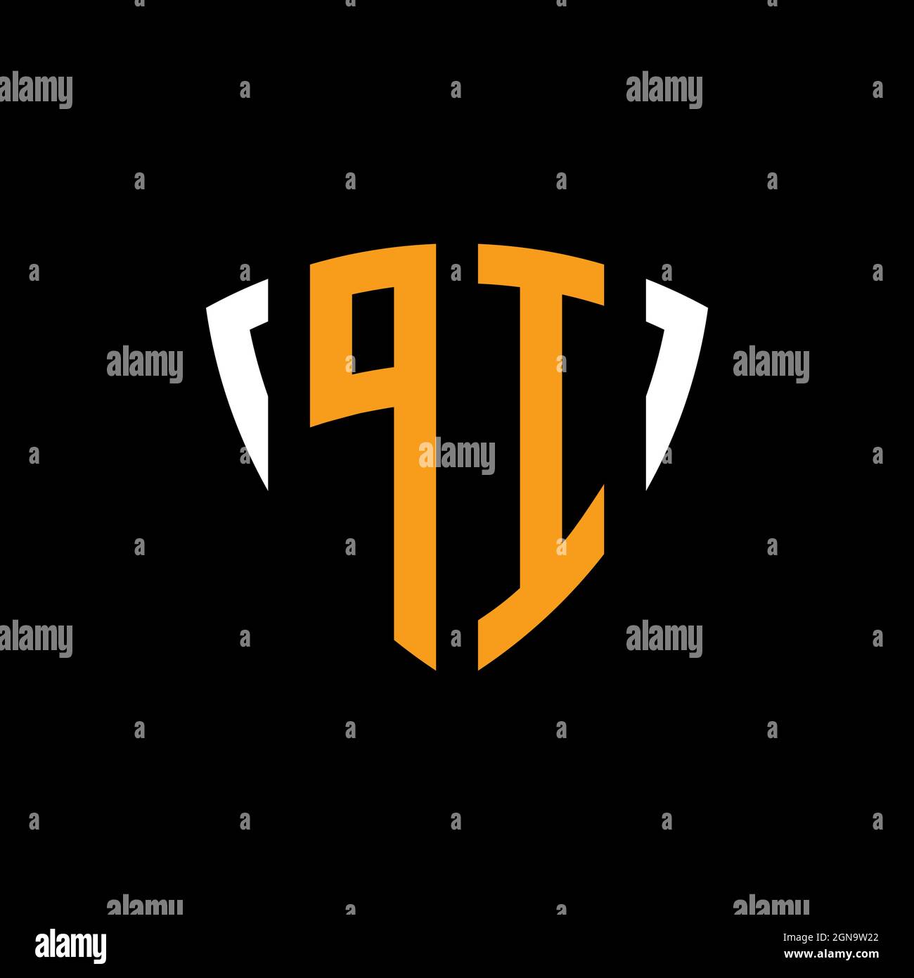 PI logo with shield white orange shape design template isolated on black background Stock Vector